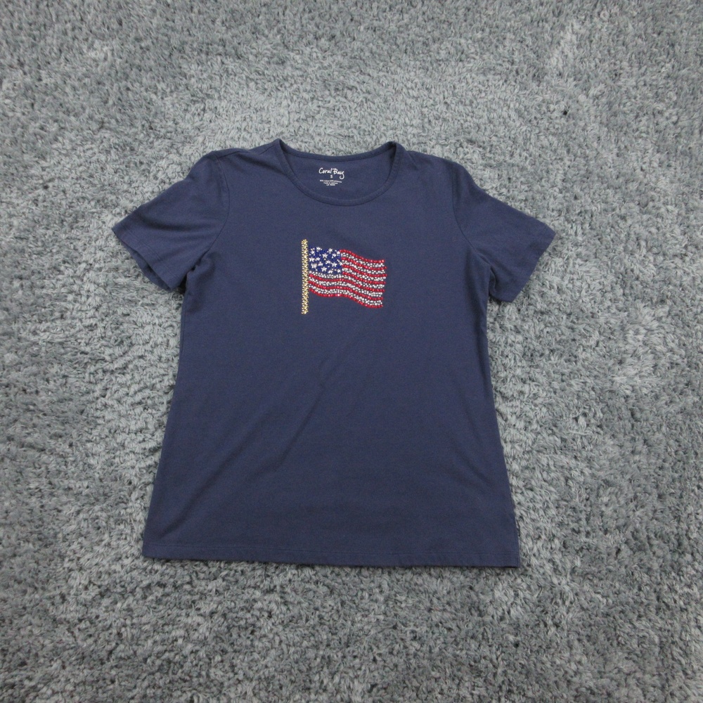 Coral Bay Shirt Womens Small Blue Flag Patriotic Short Sleeve Rhinestone Tee USA